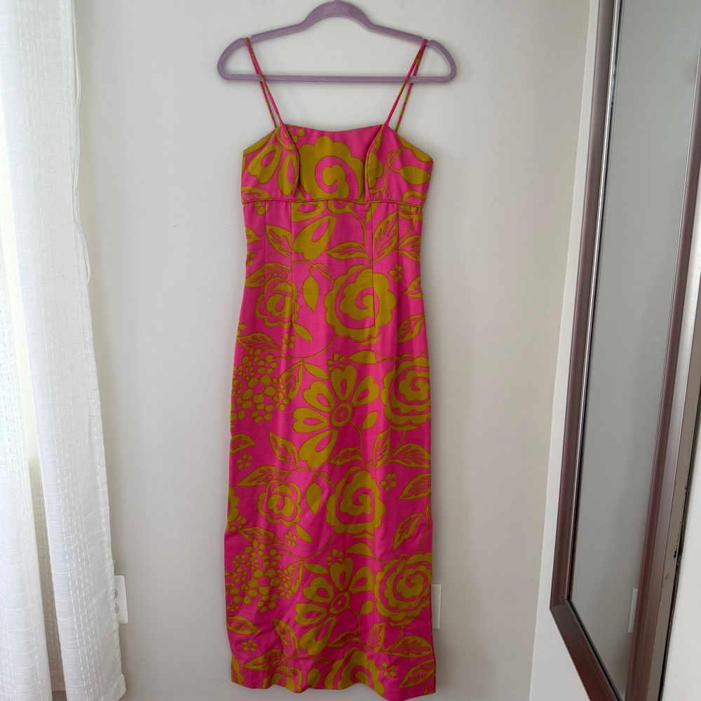 Vintage Kahala Norma Maier Shops Pink Yellow Floral Barkcloth Maxi Dress Sz 12